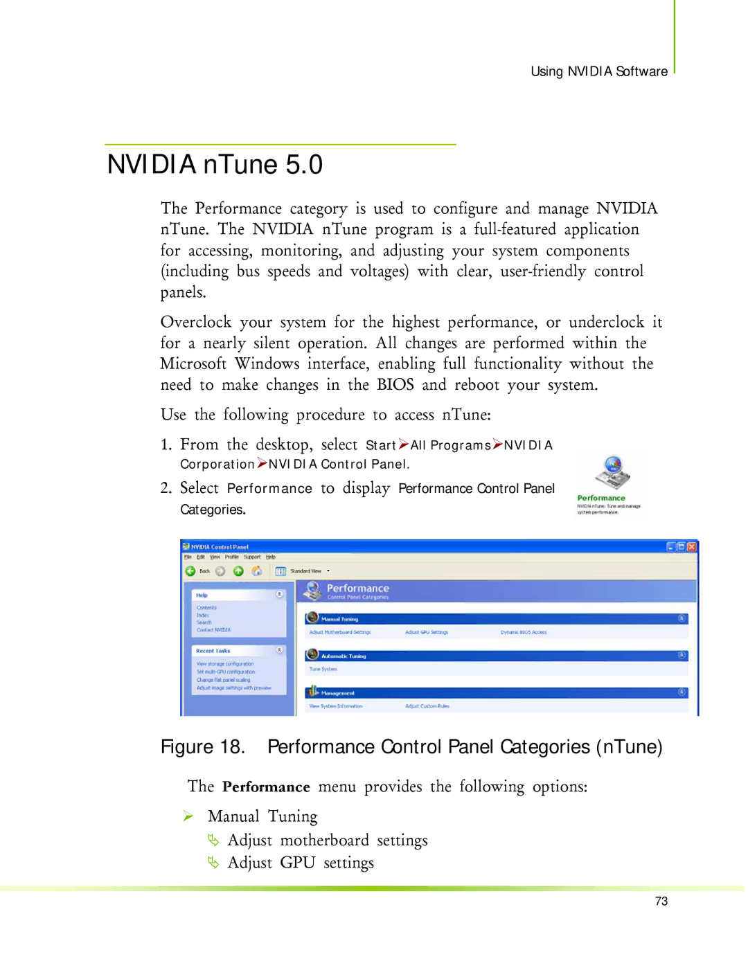 Nvidia 650I manual Nvidia nTune, Performance Control Panel Categories nTune 