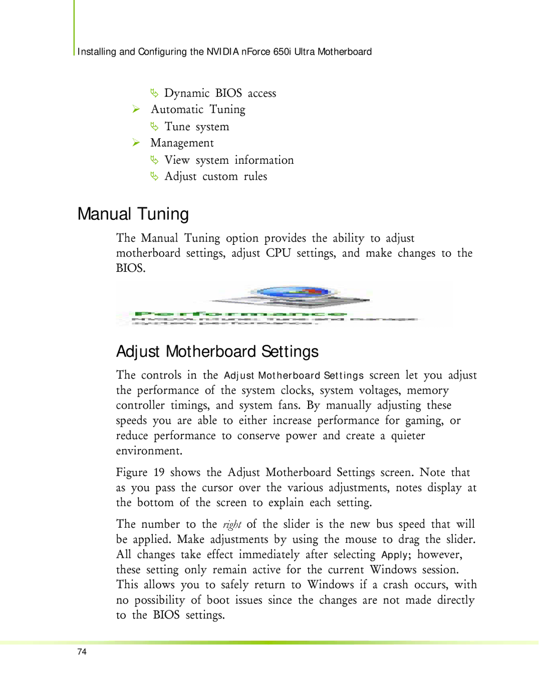 Nvidia 650I manual Manual Tuning, Adjust Motherboard Settings 