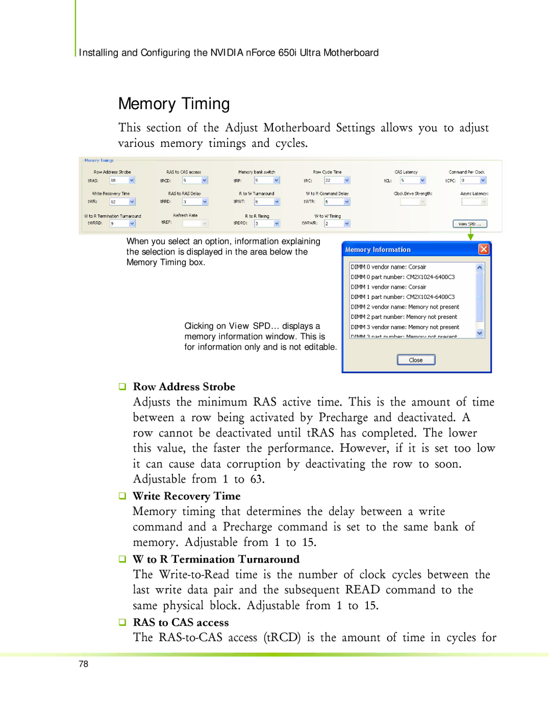 Nvidia 650I manual Memory Timing, ‰ Row Address Strobe, ‰ Write Recovery Time, ‰ W to R Termination Turnaround 