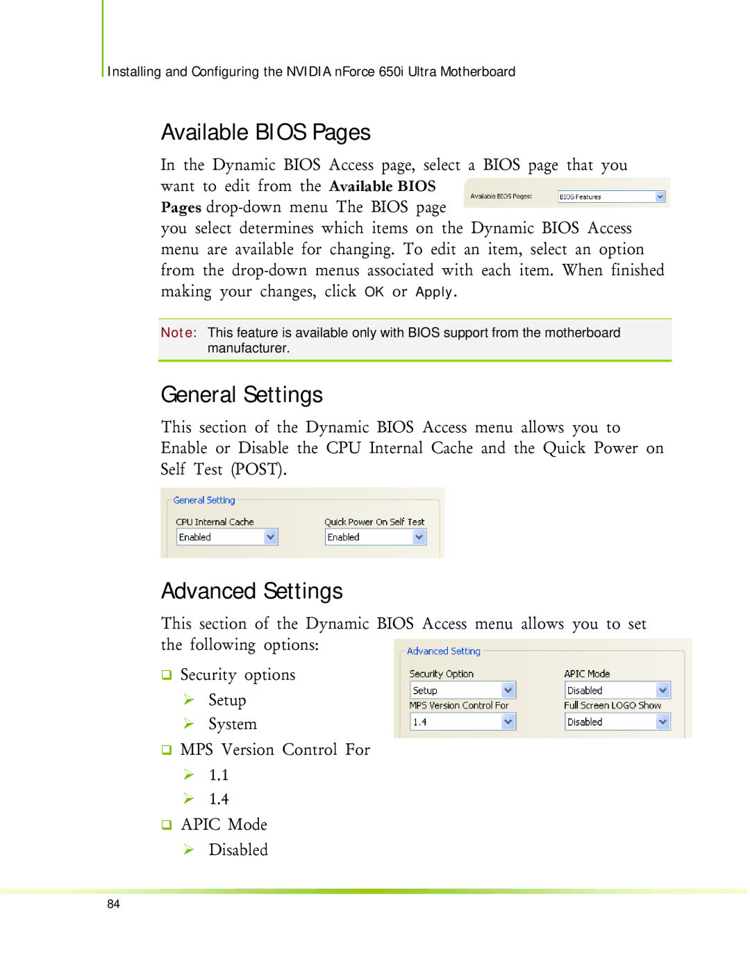 Nvidia 650I manual Available Bios Pages, General Settings, Advanced Settings 