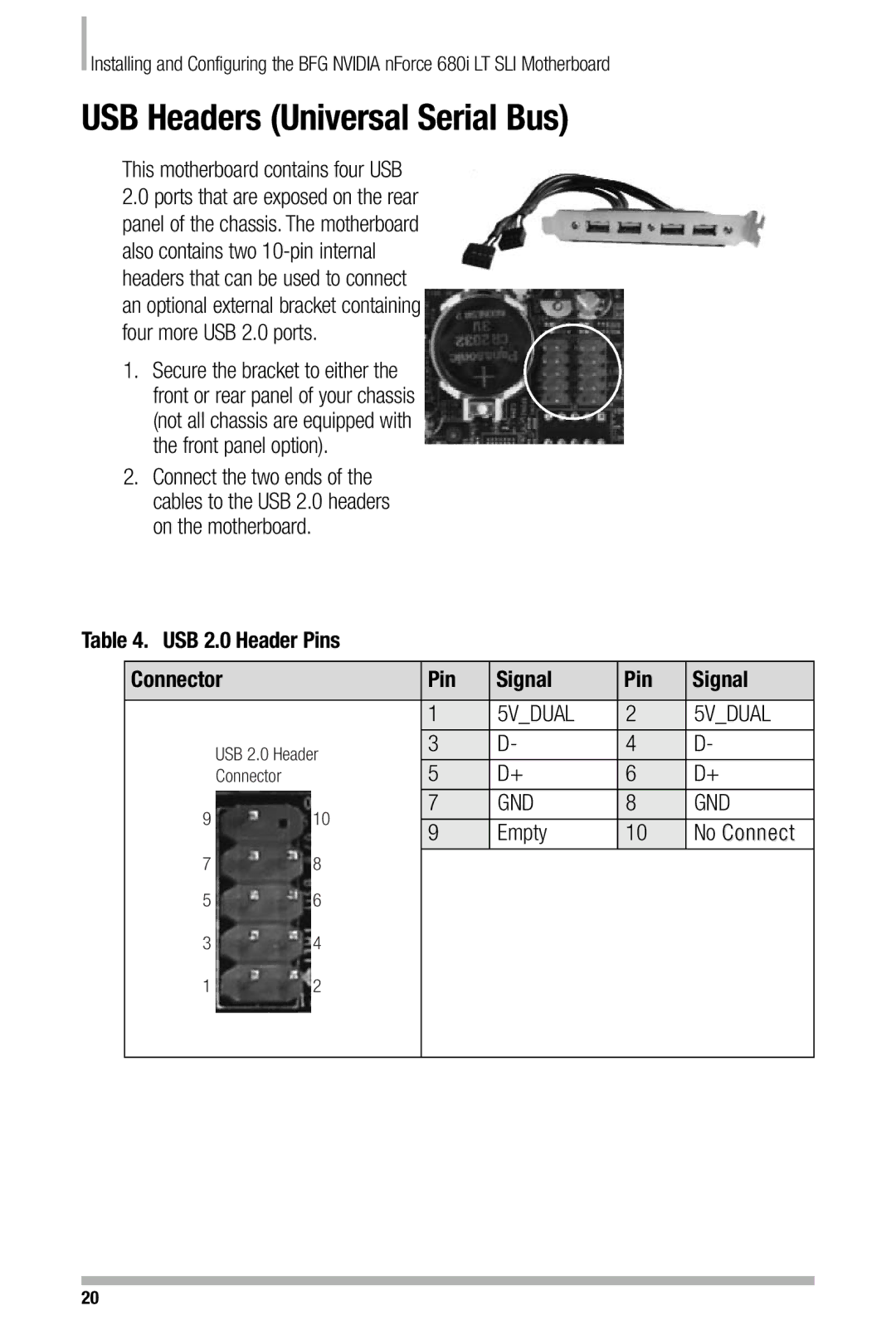 Nvidia 680i USB Headers Universal Serial Bus, This motherboard contains four USB, USB 2.0 Header Pins Connector Signal 