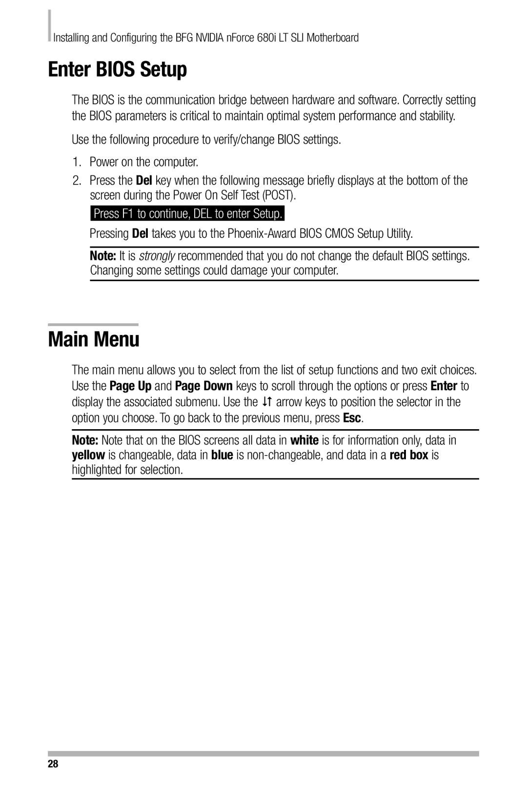 Nvidia 680i manual Enter Bios Setup, Main Menu 