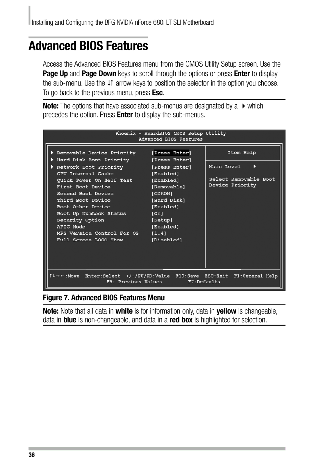 Nvidia 680i manual Advanced Bios Features Menu 