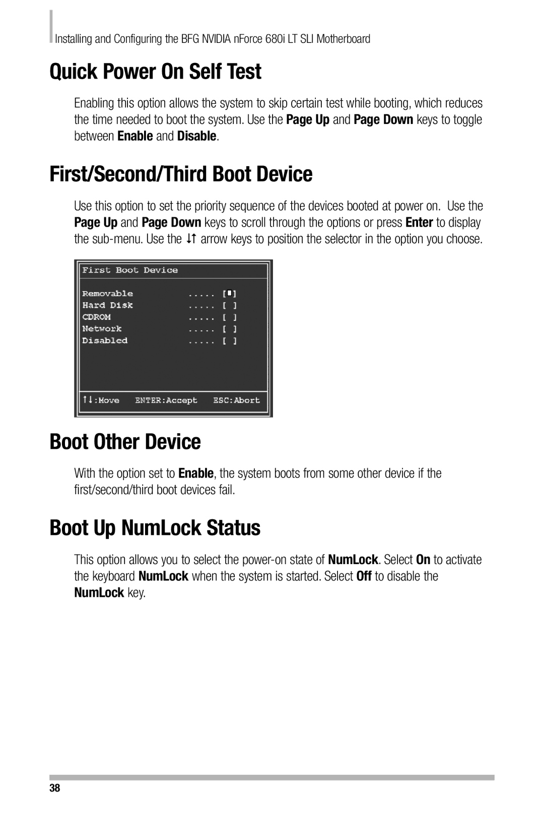 Nvidia 680i manual Quick Power On Self Test, First/Second/Third Boot Device, Boot Other Device, Boot Up NumLock Status 