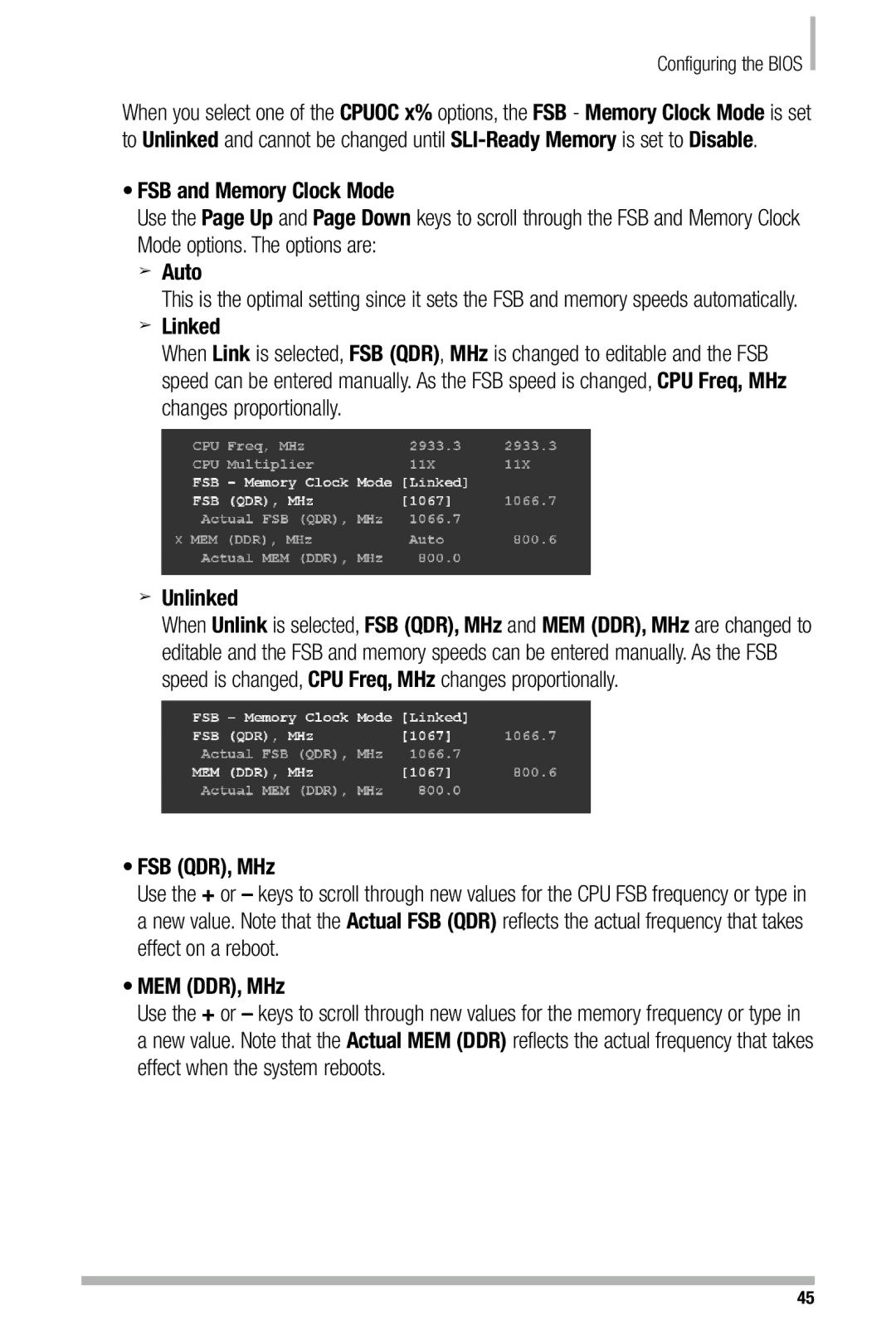 Nvidia 680i manual FSB and Memory Clock Mode, Linked, Unlinked, FSB QDR, MHz, MEM DDR, MHz 