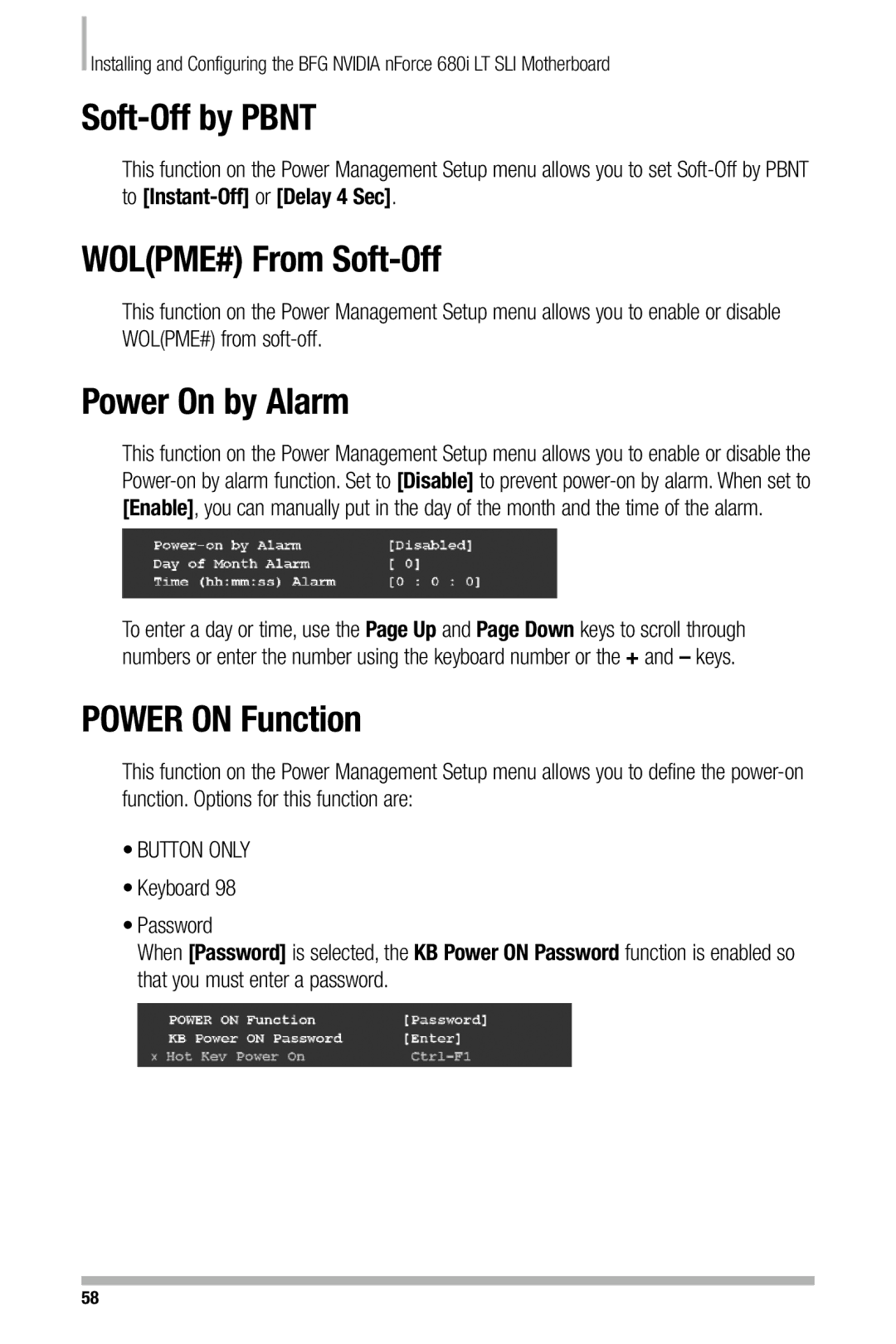 Nvidia 680i manual Soft-Off by Pbnt, WOLPME# From Soft-Off, Power On by Alarm, Power on Function, Keyboard Password 