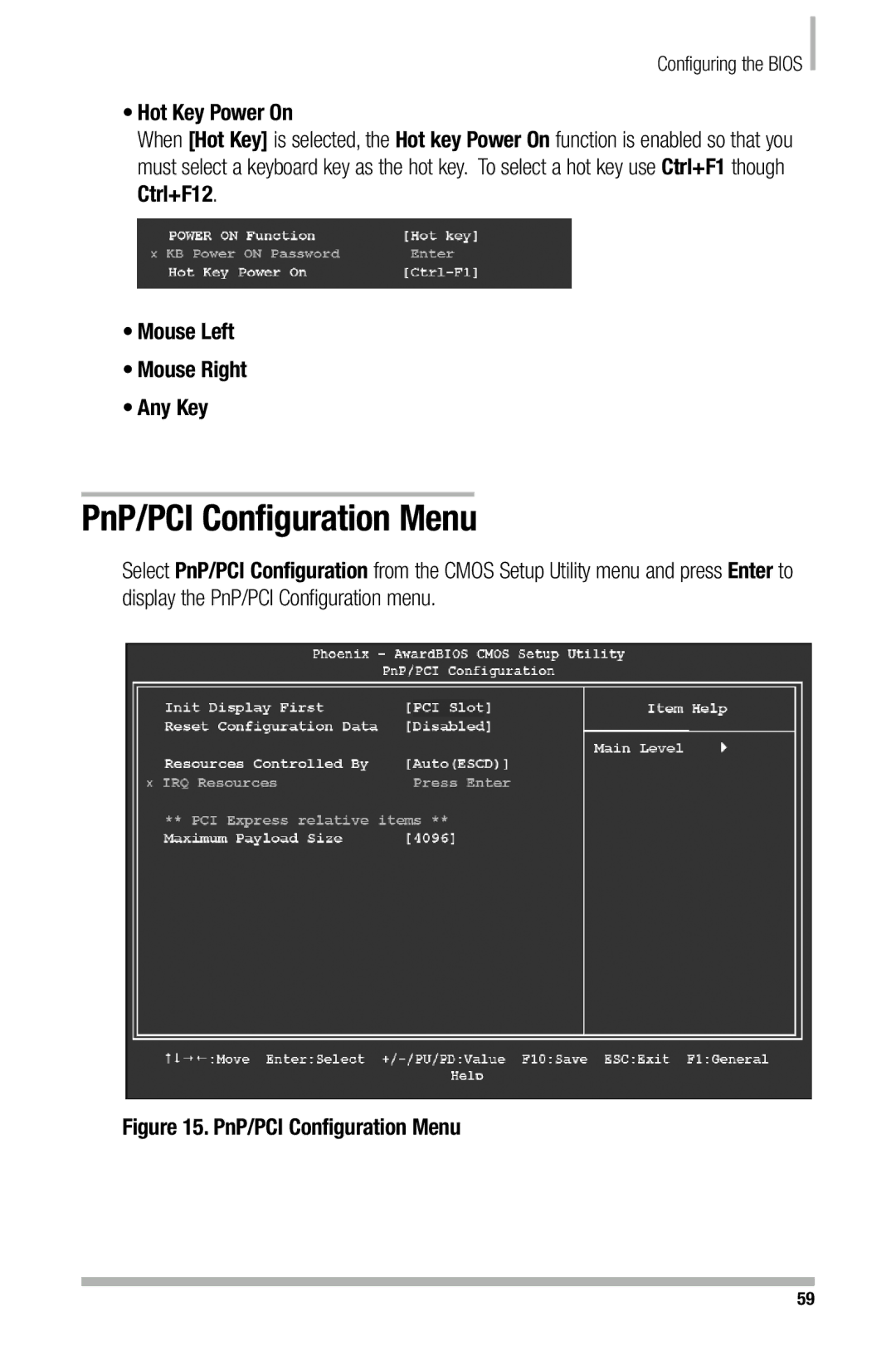 Nvidia 680i manual PnP/PCI Configuration Menu, Hot Key Power On, Mouse Left Mouse Right Any Key 