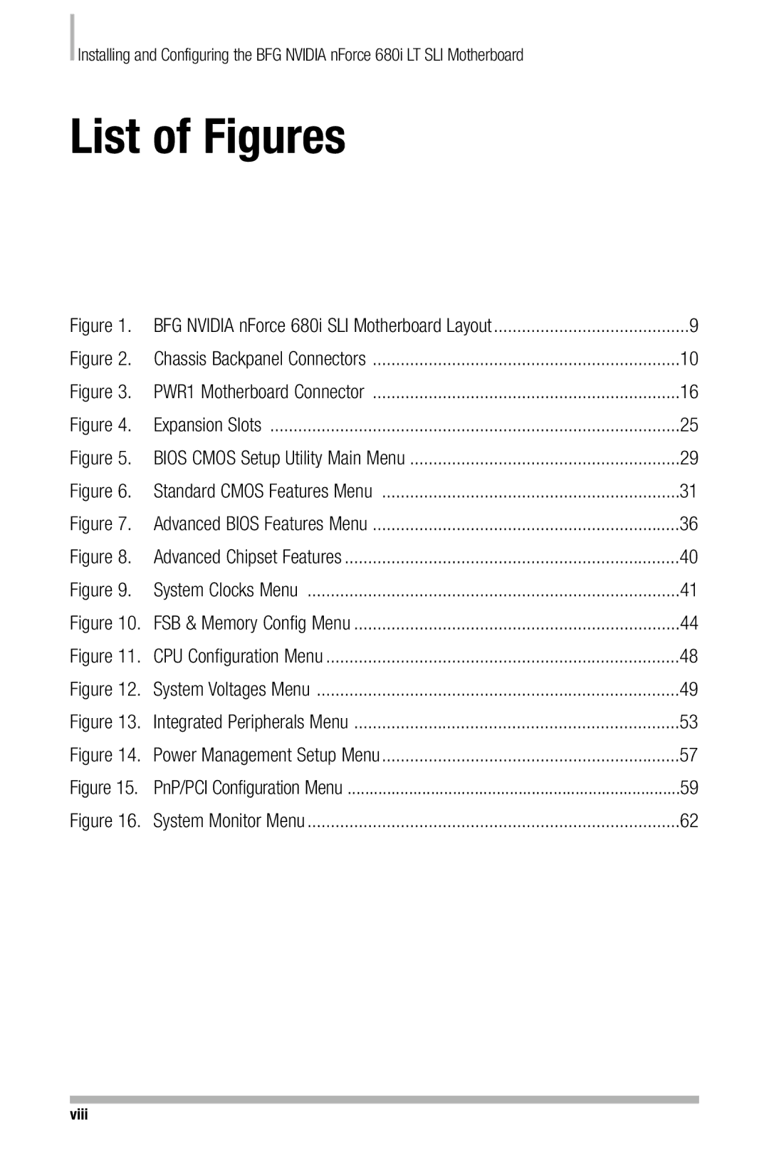 Nvidia manual List of Figures, BFG Nvidia nForce 680i SLI Motherboard Layout 