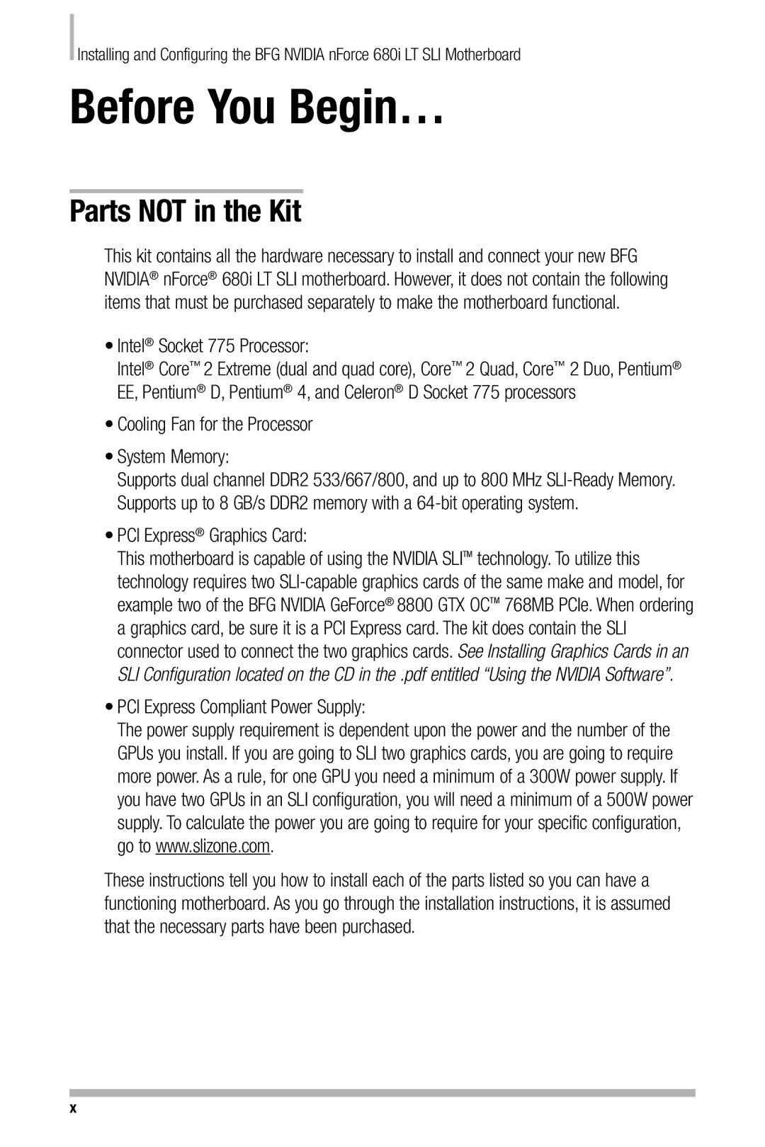 Nvidia 680i manual Before You Begin…, Parts not in the Kit, Intel Socket 775 Processor 