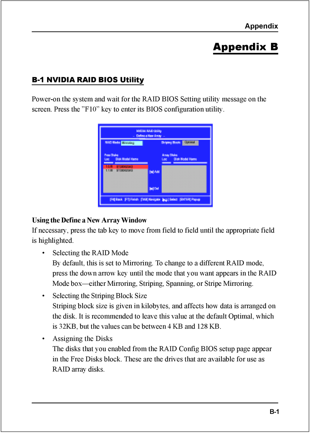 Nvidia 754 specifications Nvidia RAID Bios Utility, Using the Define a New Array Window 