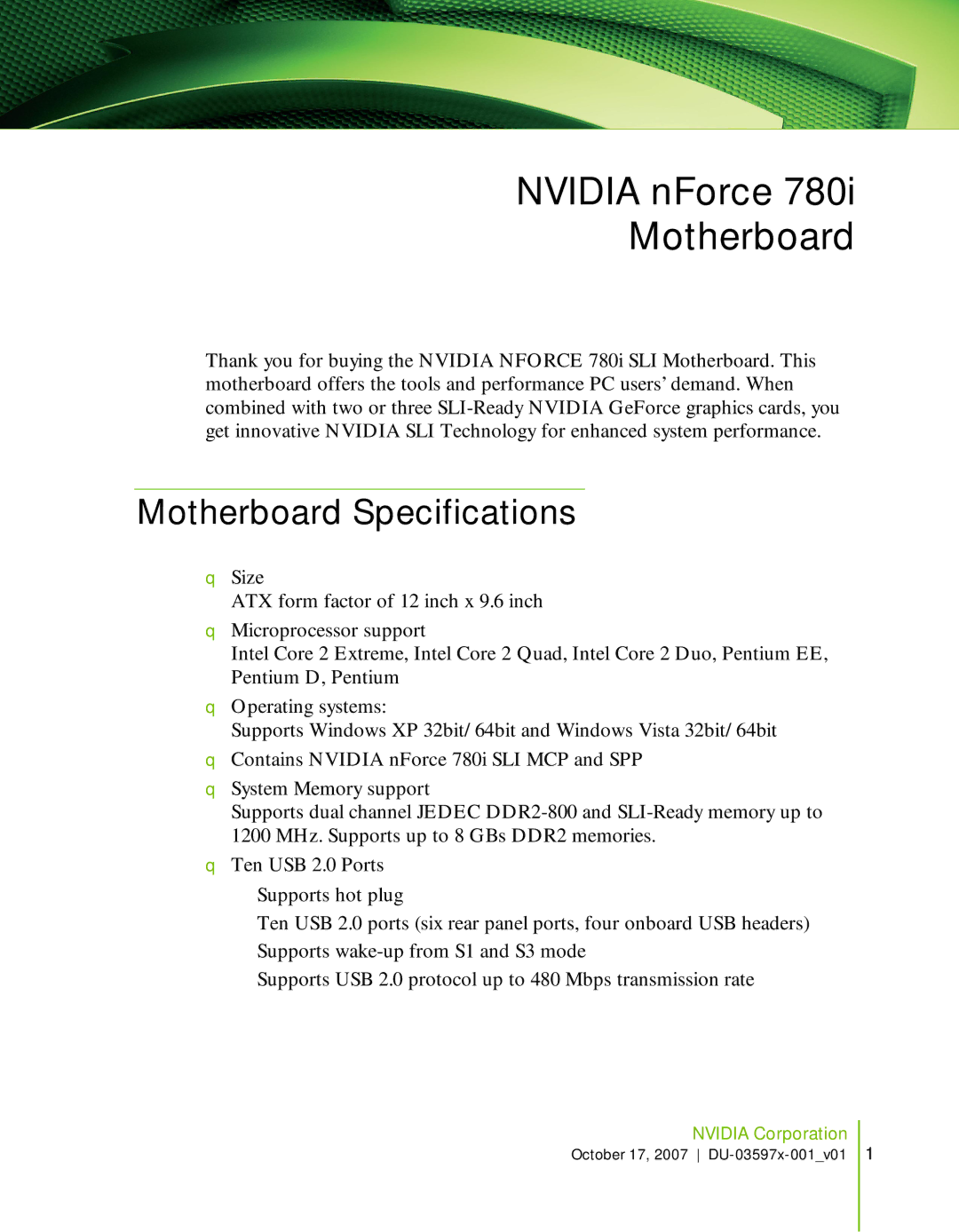 Nvidia 780I SLI manual Nvidia nForce Motherboard, Motherboard Specifications 