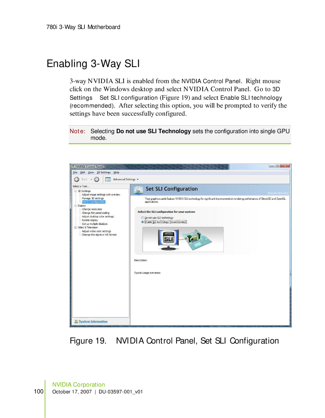 Nvidia 780I SLI manual Enabling 3-Way SLI, Nvidia Control Panel, Set SLI Configuration 