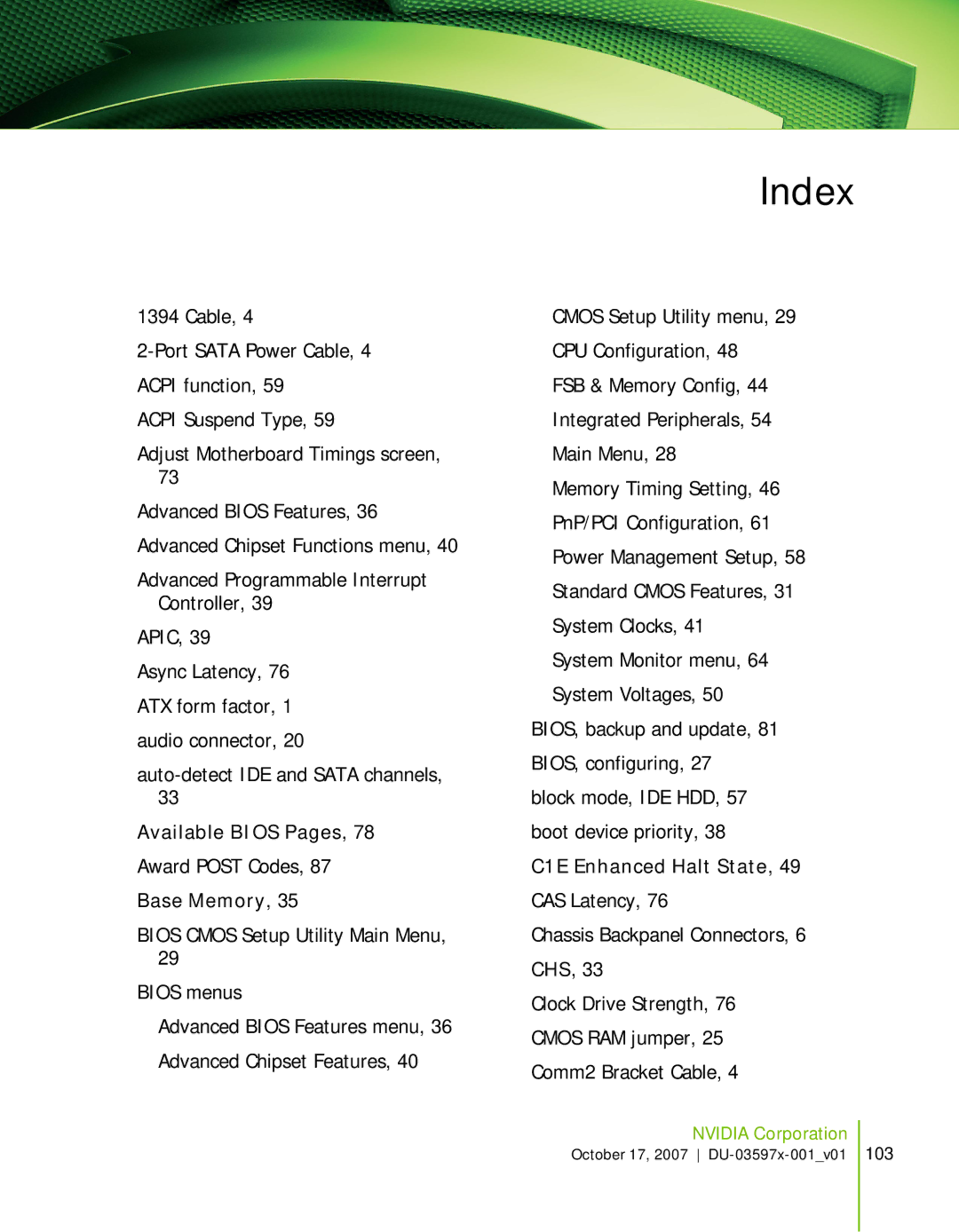 Nvidia 780I SLI manual Index, Base Memory 