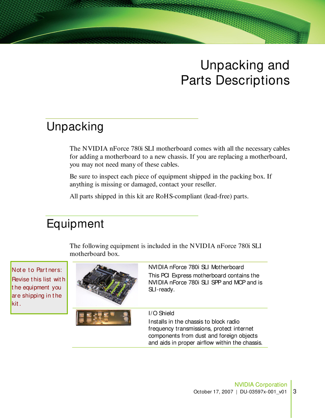 Nvidia 780I SLI manual Unpacking Parts Descriptions, Equipment 