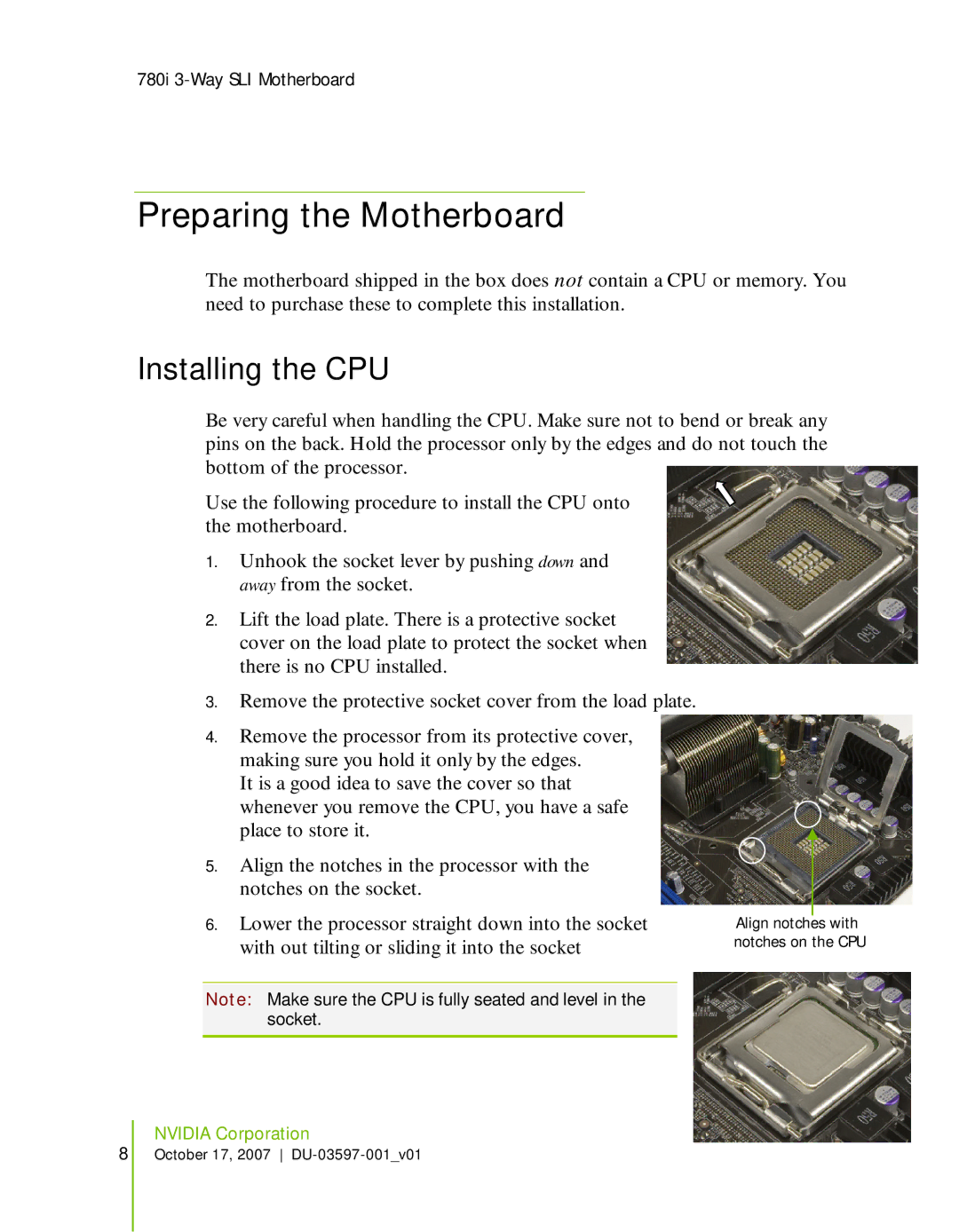 Nvidia 780I SLI manual Preparing the Motherboard, Installing the CPU 