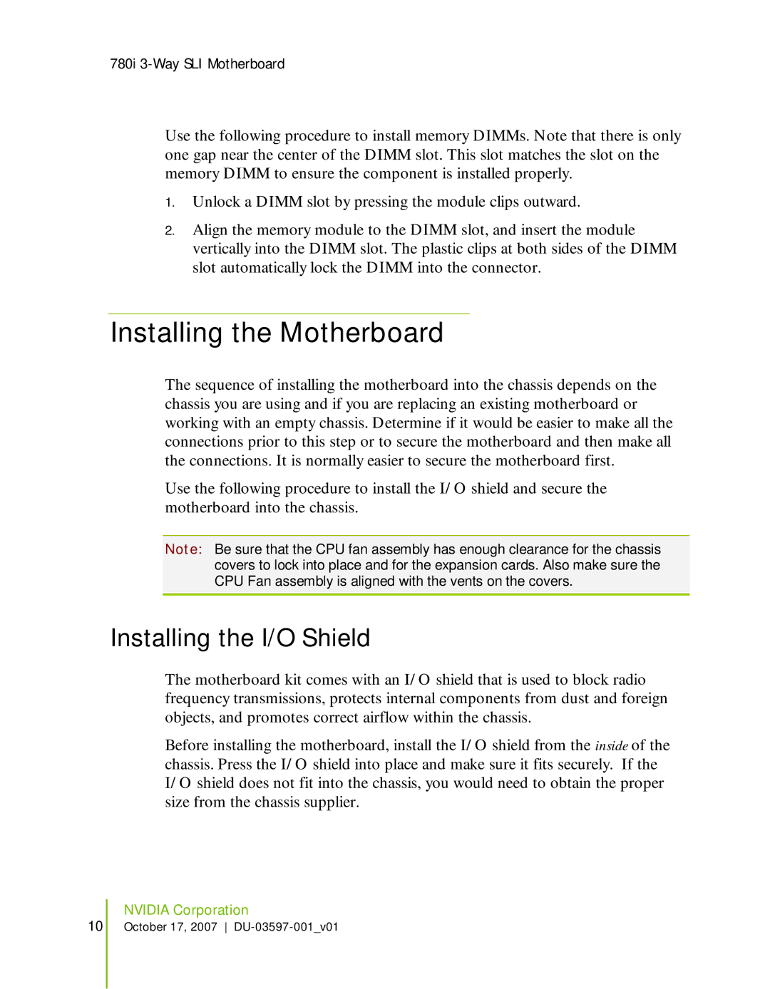 Nvidia 780I SLI manual Installing the Motherboard, Installing the I/O Shield 