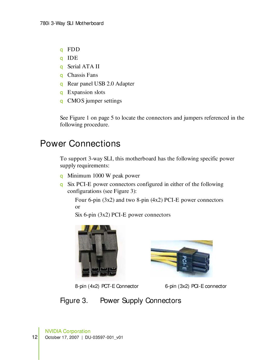 Nvidia 780I SLI manual Power Connections, Power Supply Connectors 