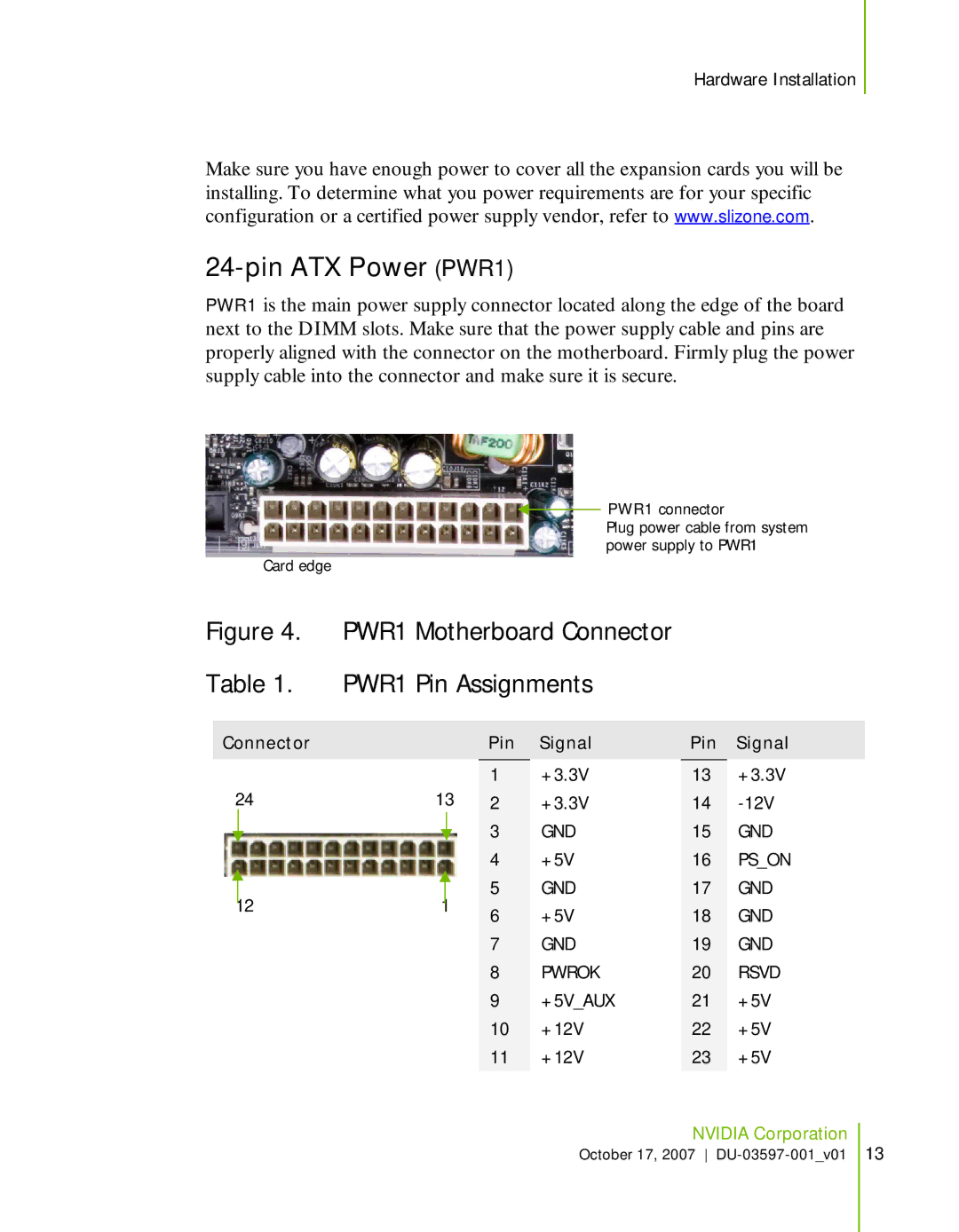 Nvidia 780I SLI manual Pin ATX Power PWR1, PWR1 Motherboard Connector PWR1 Pin Assignments 