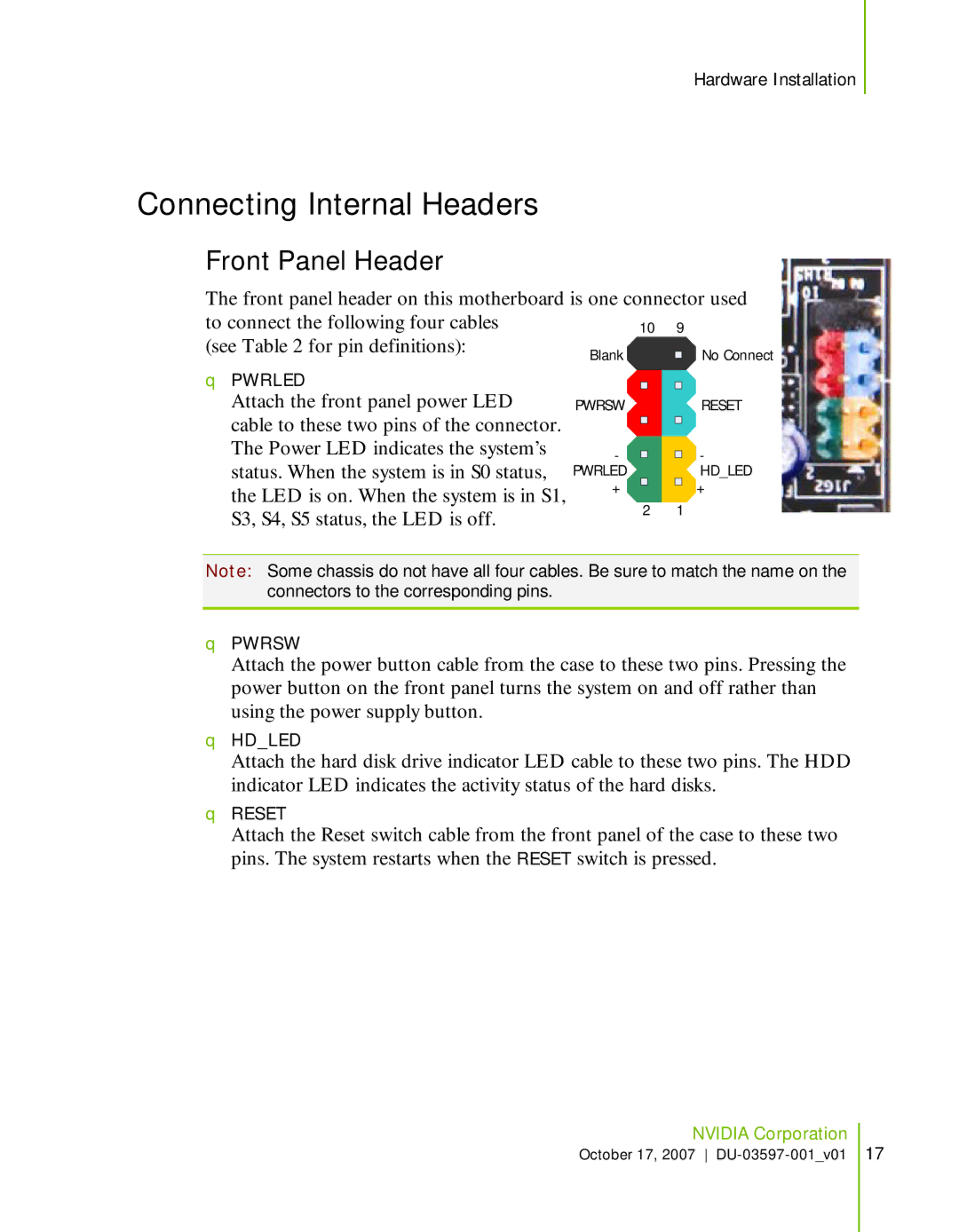 Nvidia 780I SLI manual Connecting Internal Headers, Front Panel Header 