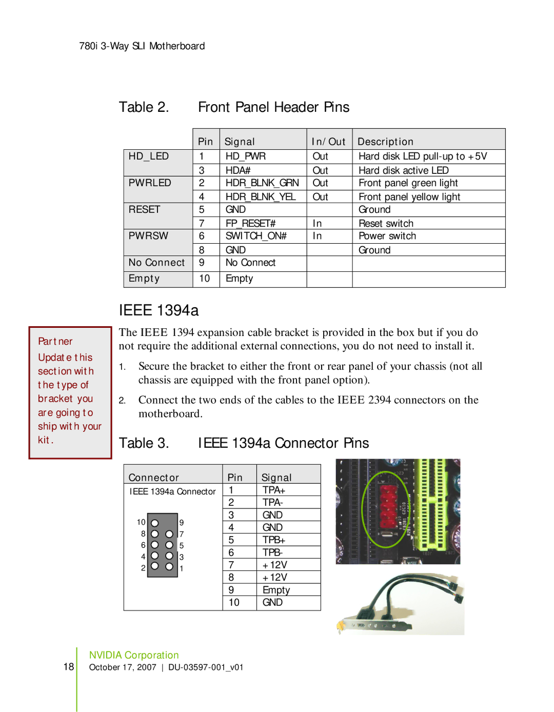 Nvidia 780I SLI manual Ieee 1394a, Front Panel Header Pins 