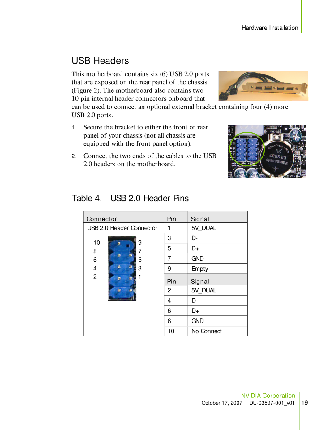 Nvidia 780I SLI manual USB Headers, USB 2.0 Header Pins 