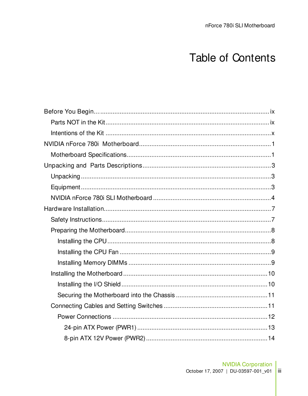 Nvidia 780I SLI manual Table of Contents 