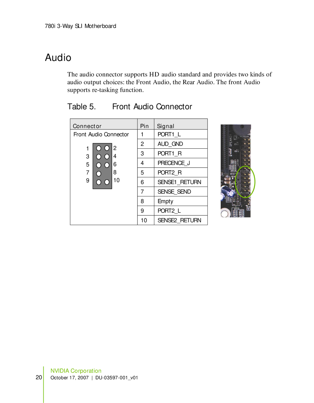 Nvidia 780I SLI manual Front Audio Connector 