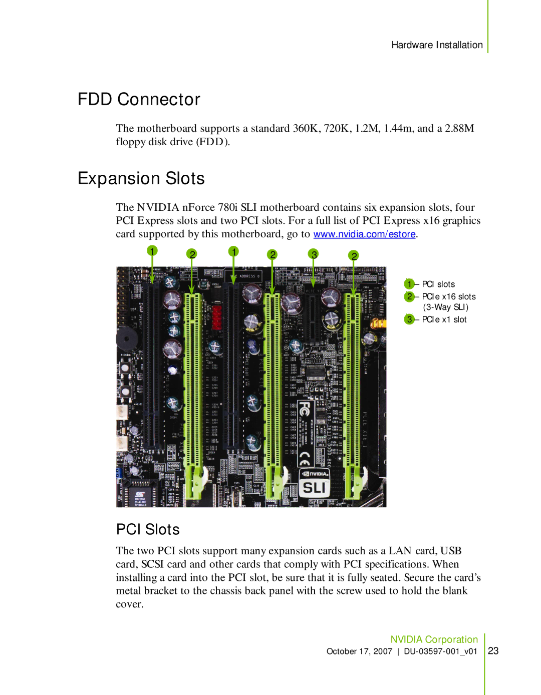 Nvidia 780I SLI manual FDD Connector, Expansion Slots, PCI Slots 