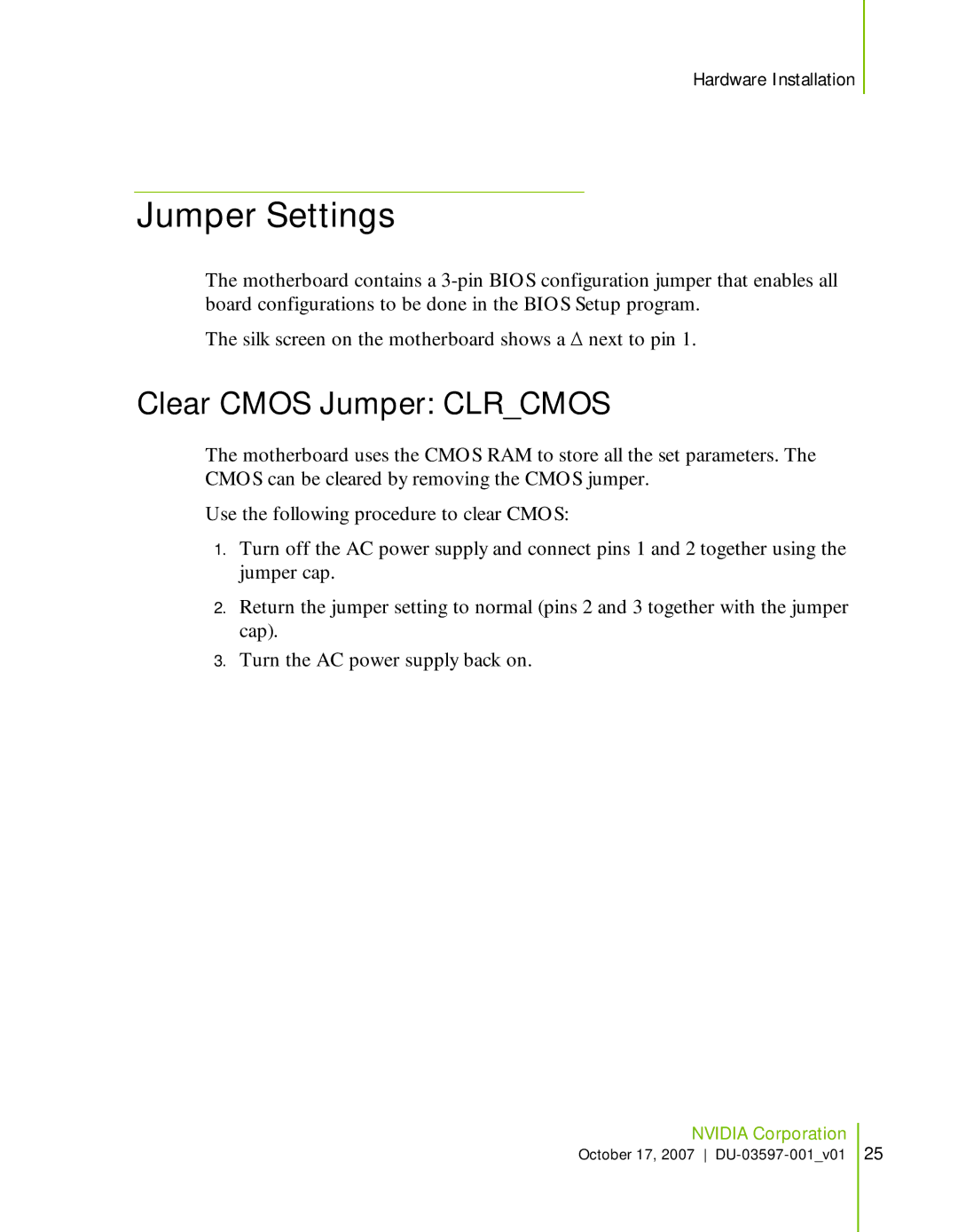 Nvidia 780I SLI manual Jumper Settings, Clear Cmos Jumper Clrcmos 