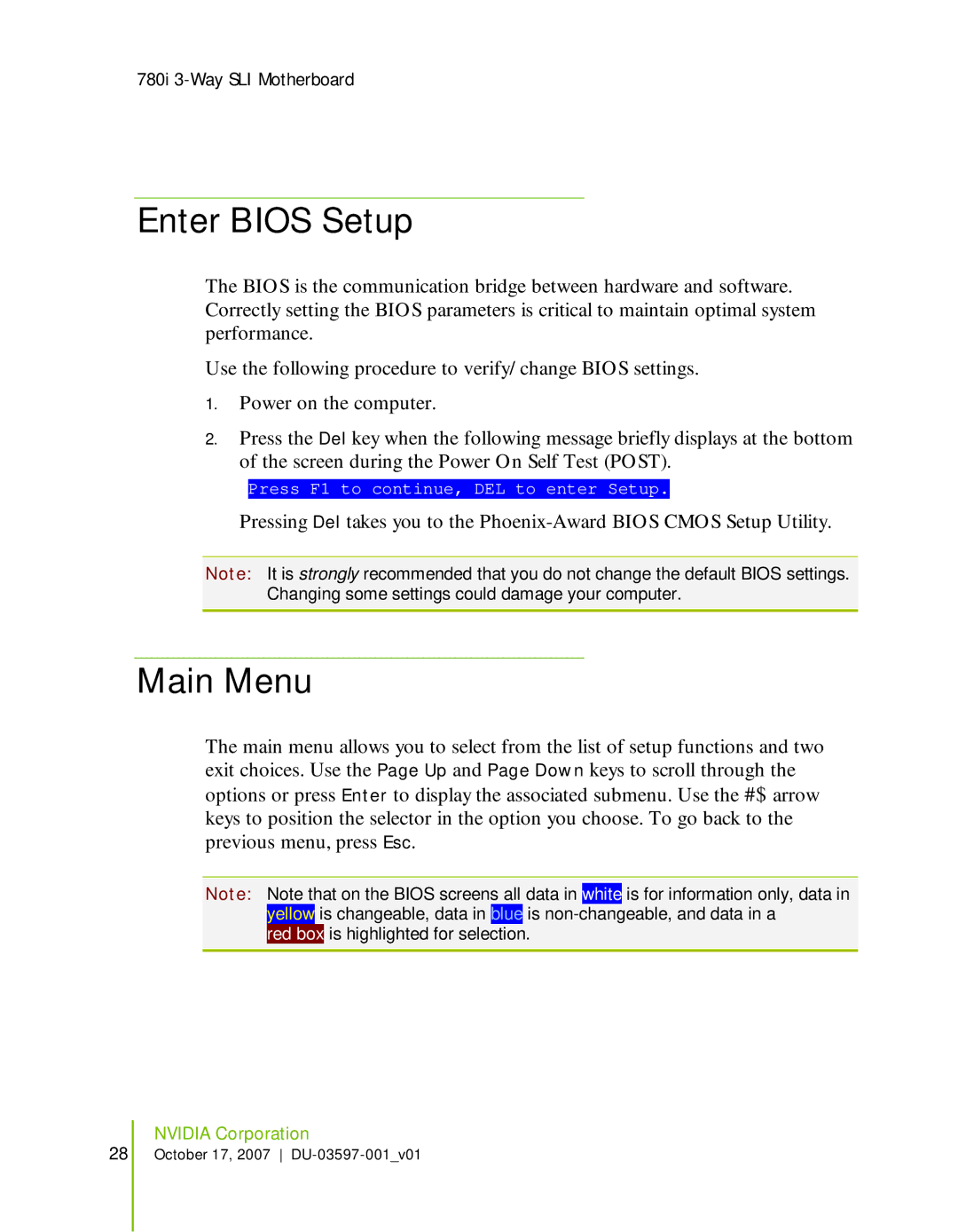 Nvidia 780I SLI manual Enter Bios Setup, Main Menu 