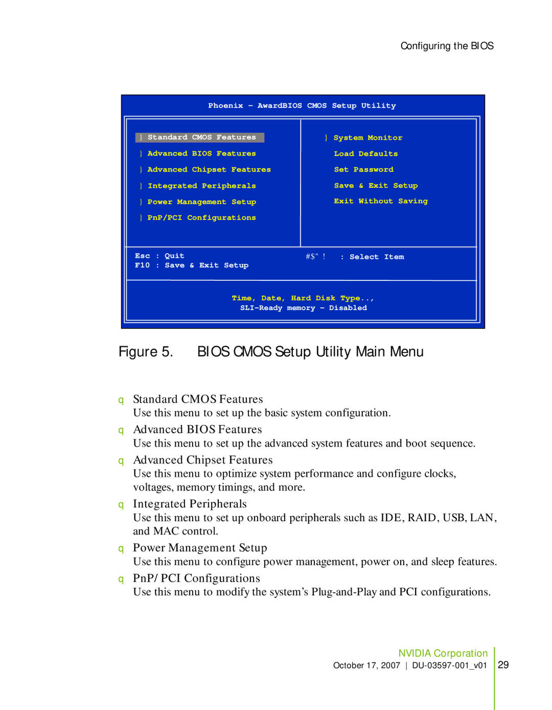 Nvidia 780I SLI manual Standard Cmos Features, Advanced Bios Features, Advanced Chipset Features, Integrated Peripherals 