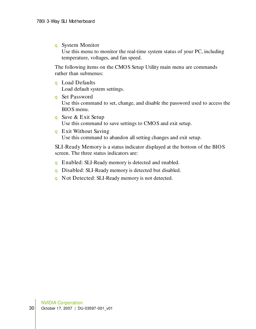 Nvidia 780I SLI manual System Monitor, Load Defaults, Set Password, Save & Exit Setup, Exit Without Saving 