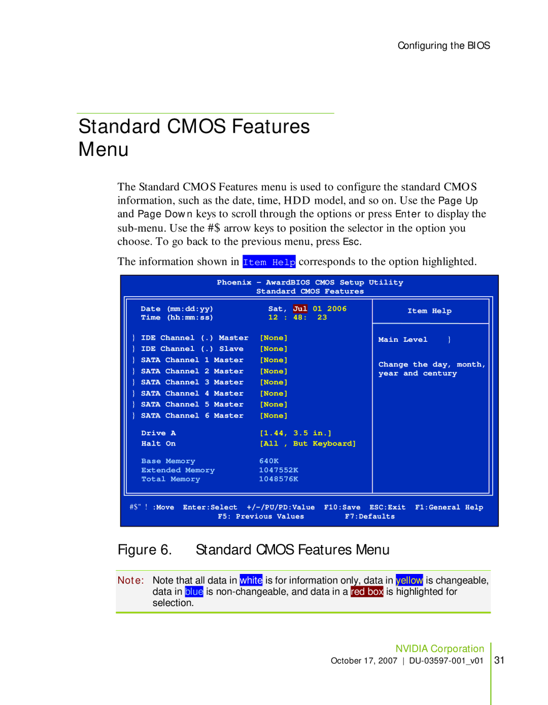 Nvidia 780I SLI manual Standard Cmos Features Menu 