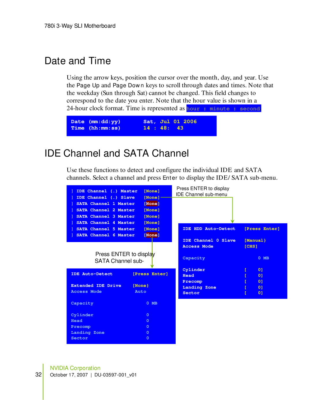 Nvidia 780I SLI manual Date and Time, IDE Channel and Sata Channel 