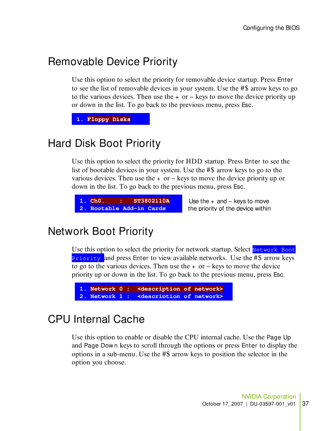 Nvidia 780I SLI manual Removable Device Priority, Hard Disk Boot Priority, Network Boot Priority, CPU Internal Cache 