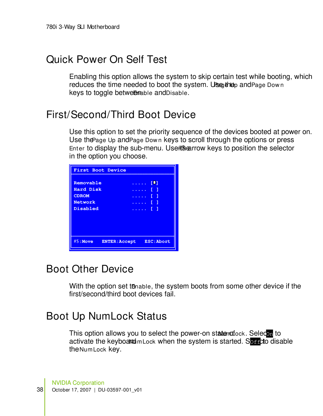 Nvidia 780I SLI manual Quick Power On Self Test, First/Second/Third Boot Device, Boot Other Device, Boot Up NumLock Status 