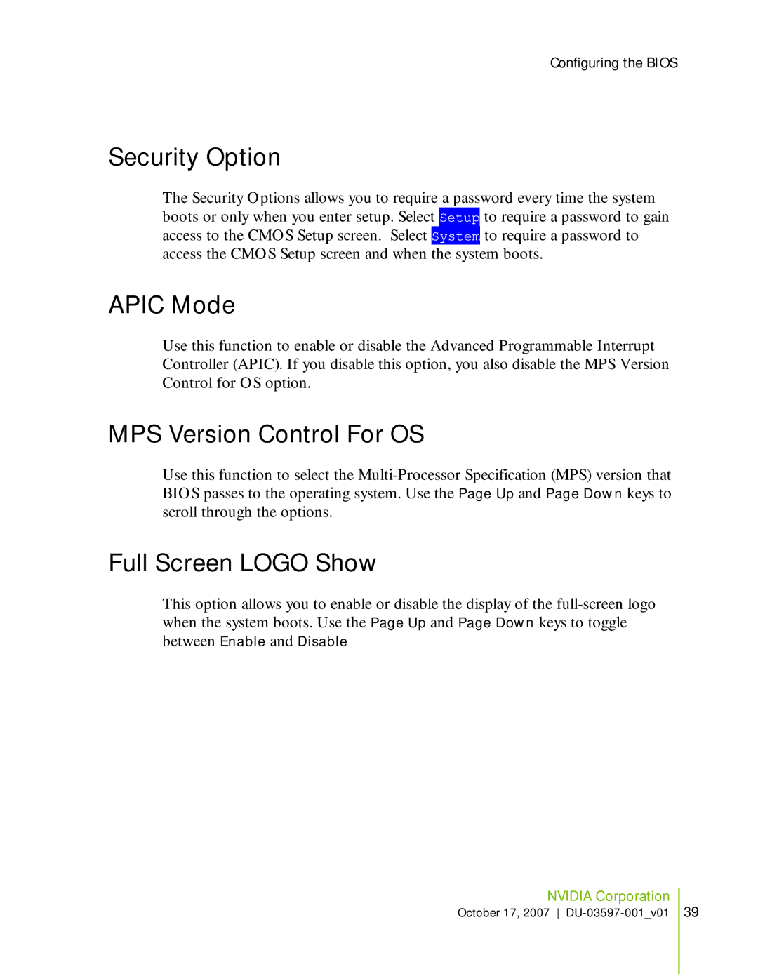 Nvidia 780I SLI manual Security Option, Apic Mode, MPS Version Control For OS, Full Screen Logo Show 