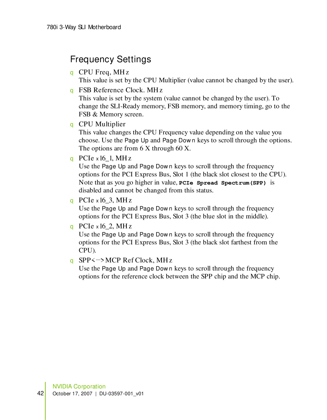 Nvidia 780I SLI manual Frequency Settings 