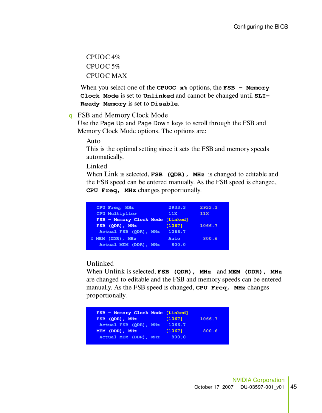 Nvidia 780I SLI manual FSB and Memory Clock Mode, Linked, Unlinked 