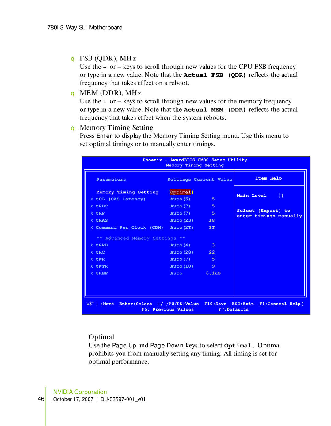 Nvidia 780I SLI manual FSB QDR, MHz, MEM DDR, MHz, Memory Timing Setting, Optimal 