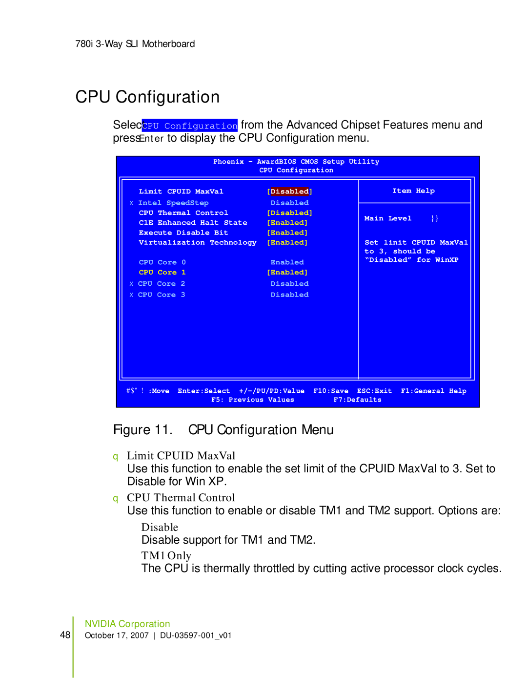 Nvidia 780I SLI manual CPU Configuration, Limit Cpuid MaxVal, CPU Thermal Control, Disable, TM1 Only 