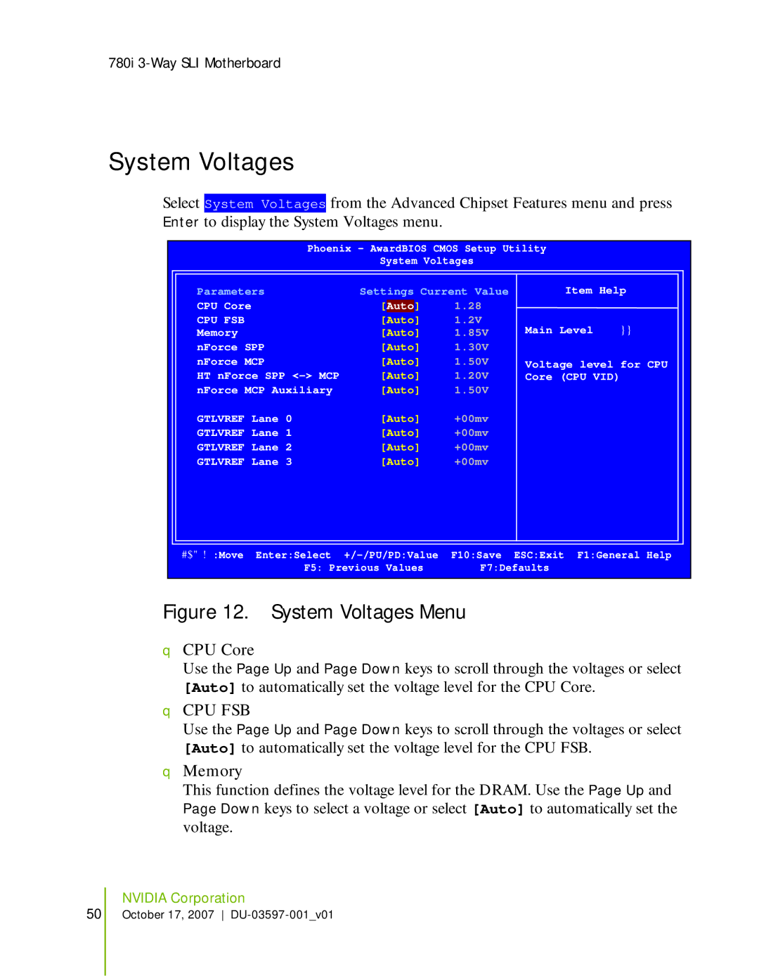 Nvidia 780I SLI manual System Voltages, Cpu Fsb, Memory 