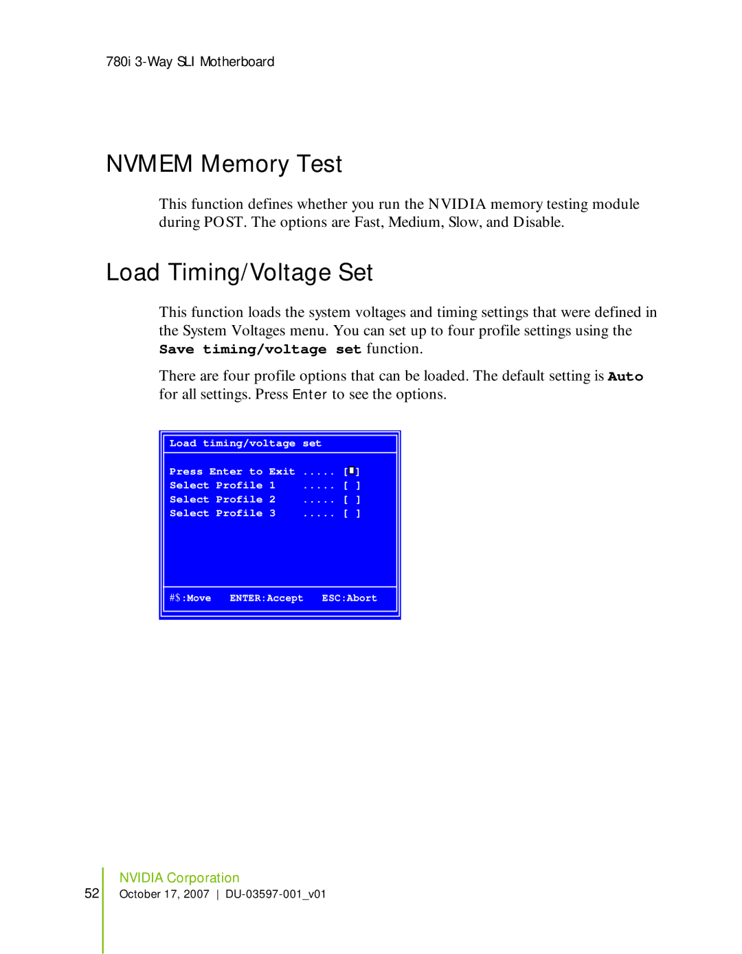 Nvidia 780I SLI manual Nvmem Memory Test, Load Timing/Voltage Set 