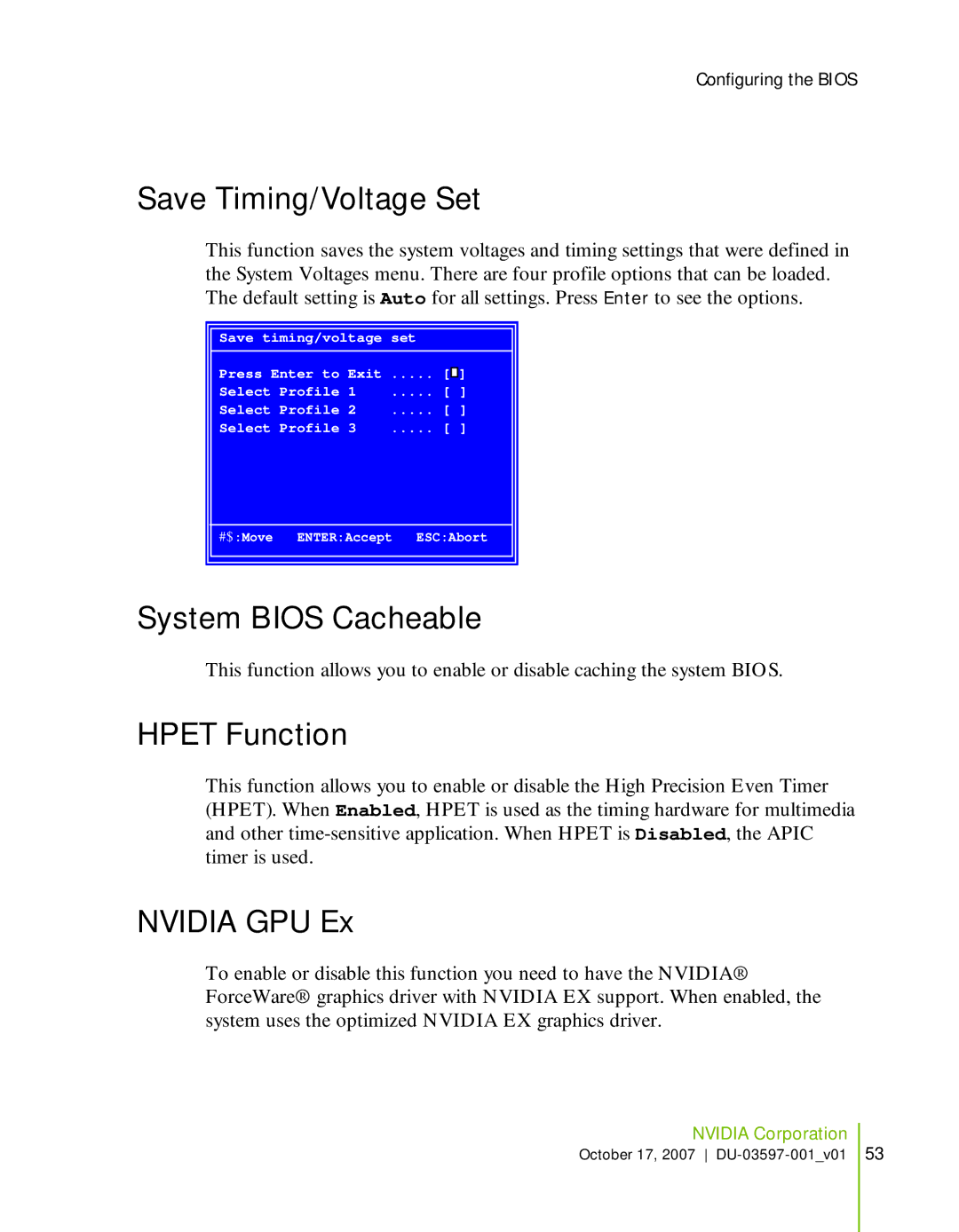 Nvidia 780I SLI manual Save Timing/Voltage Set, System Bios Cacheable, Hpet Function, Nvidia GPU Ex 