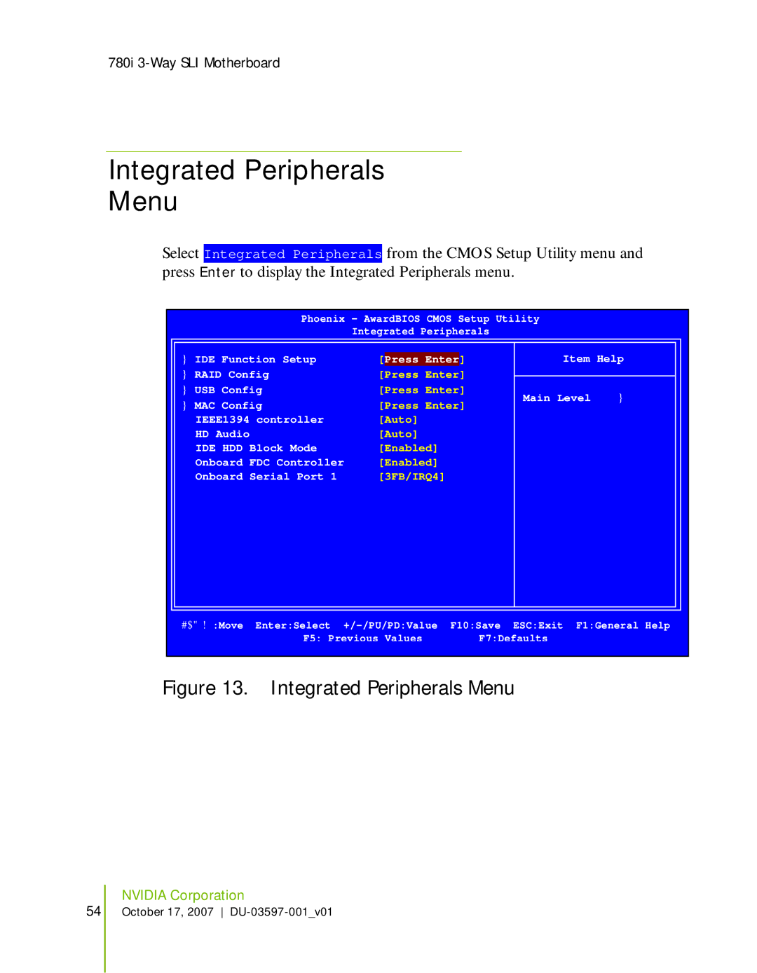 Nvidia 780I SLI manual Integrated Peripherals Menu 