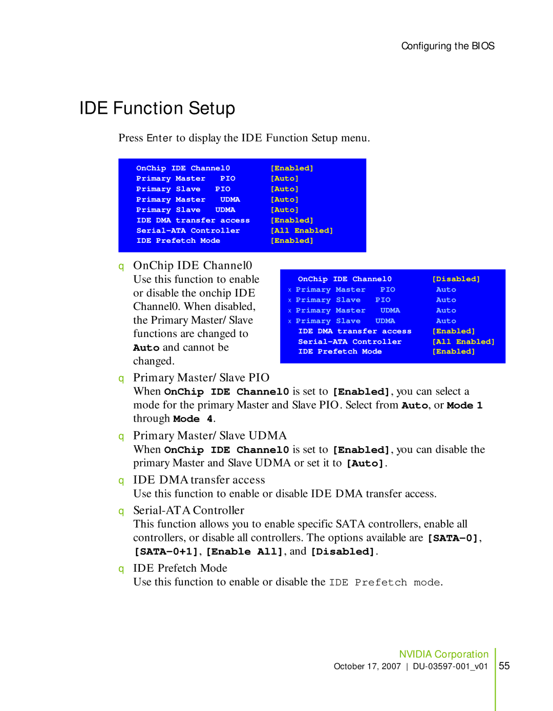 Nvidia 780I SLI manual IDE Function Setup, Primary Master/Slave PIO, Primary Master/Slave Udma, IDE DMA transfer access 