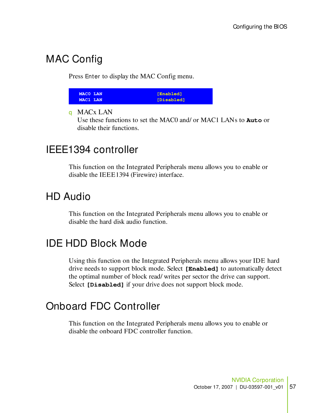 Nvidia 780I SLI manual MAC Config, IEEE1394 controller, HD Audio, IDE HDD Block Mode, Onboard FDC Controller 