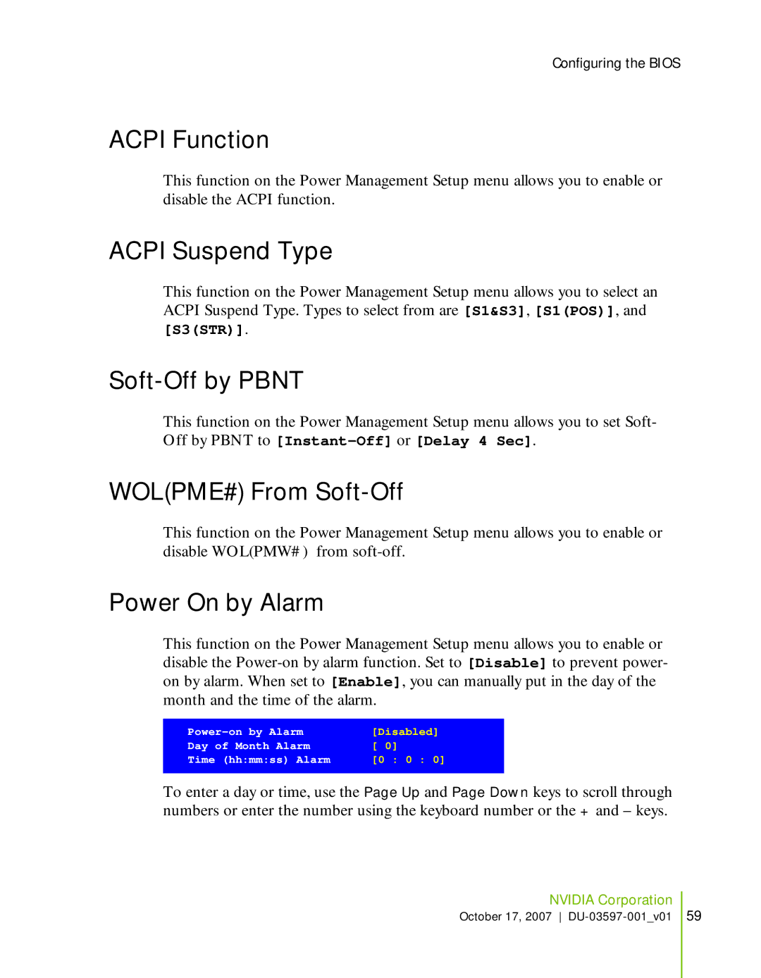 Nvidia 780I SLI manual Acpi Function, Acpi Suspend Type, Soft-Off by Pbnt, WOLPME# From Soft-Off, Power On by Alarm 