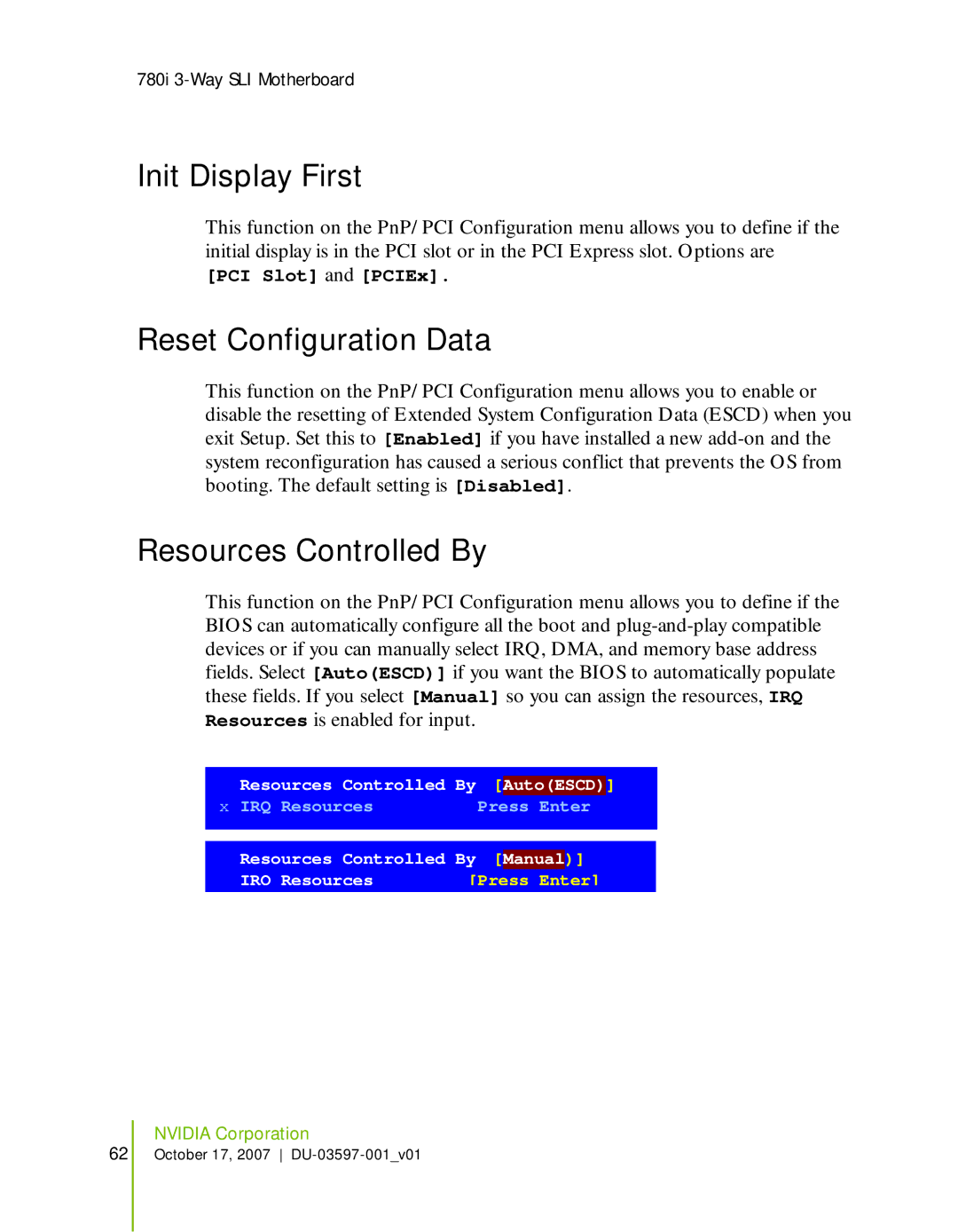 Nvidia 780I SLI manual Init Display First, Reset Configuration Data, Resources Controlled By 