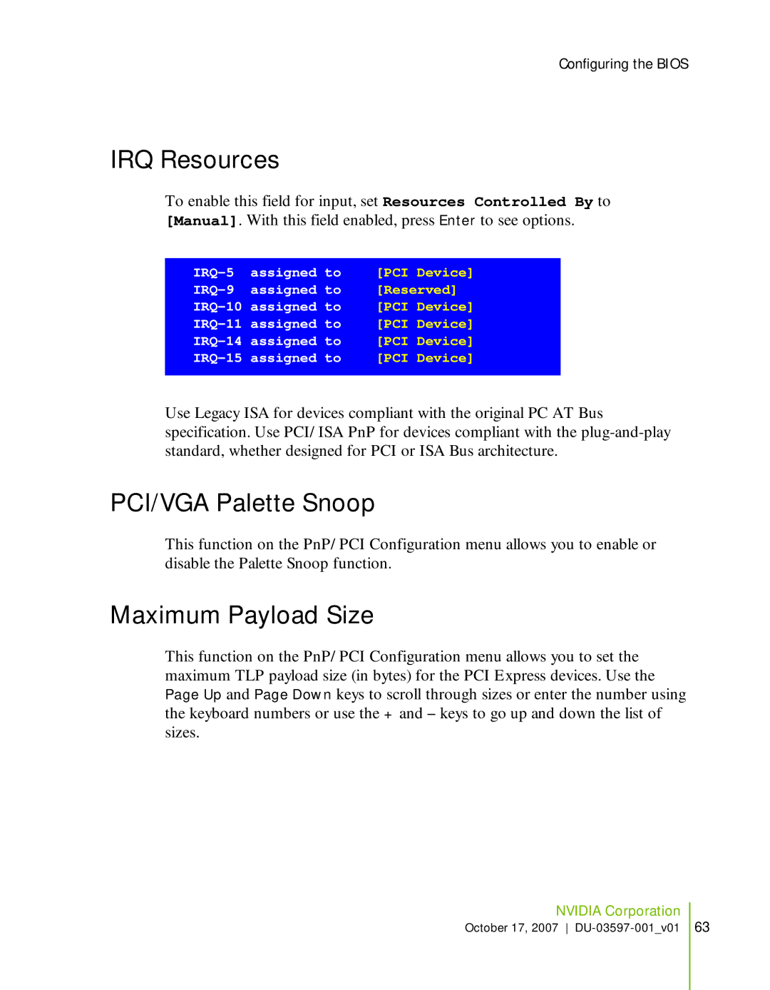 Nvidia 780I SLI manual IRQ Resources, PCI/VGA Palette Snoop, Maximum Payload Size 